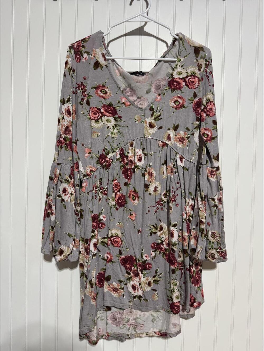 Poof New York Floral Babydoll Tunic Top Mini Dress Womens 1X Grey Bell Sleeve